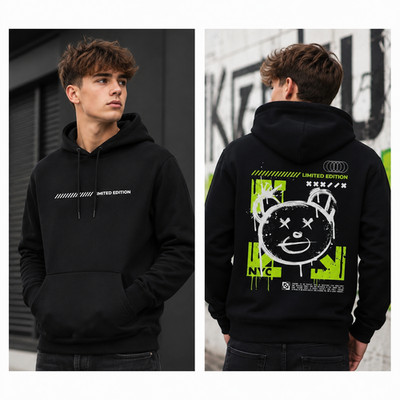 Jungen Schwarz Grafik Hoodie Limited Edition NYC Streetwear Bär Print Pullover XS
