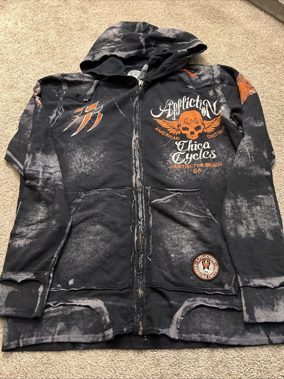 Affliction Men’s Hoodie Black Graphics American Custom Size M EUC
