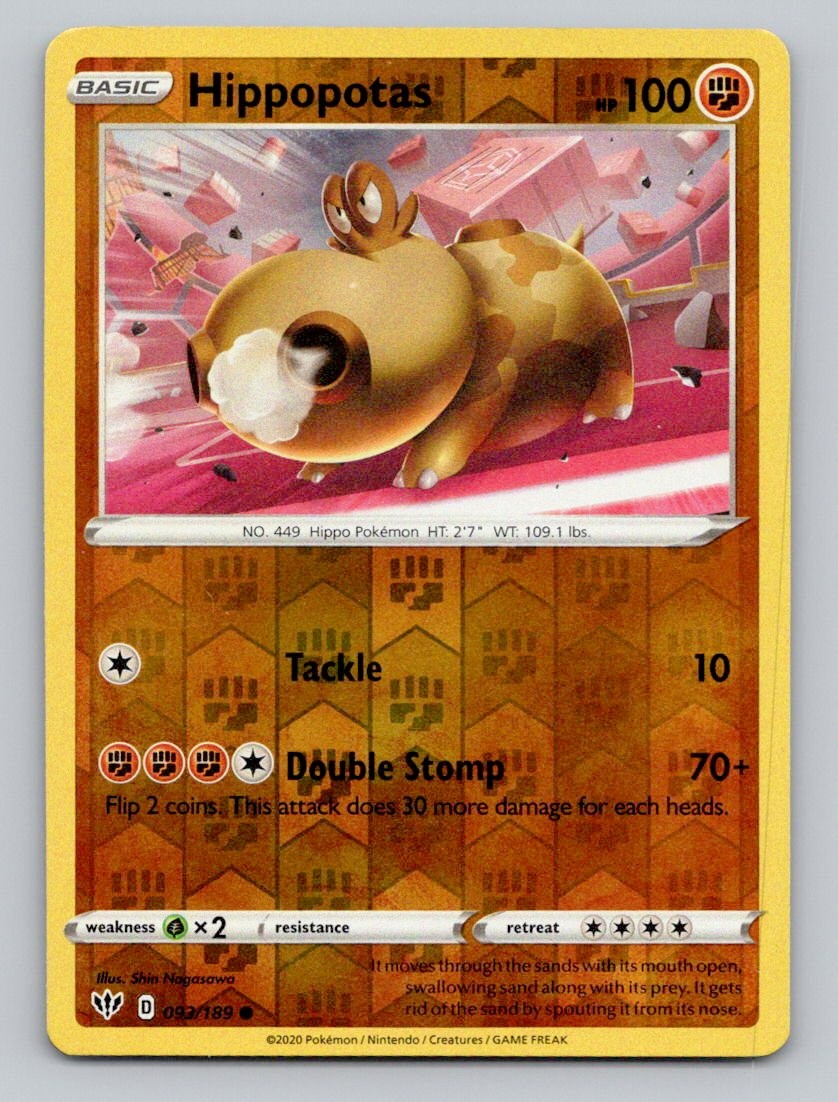 Reverse Holo Hippopotas 093/189 Common Darkness Ablaze Pokemon