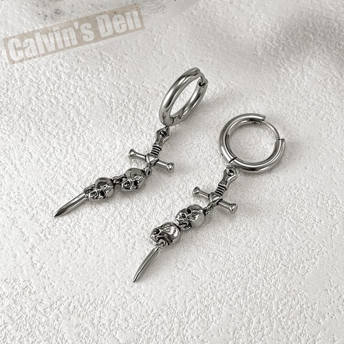 Stainless Steel Bone Sword Cross Earrings Dangling Skulls Gothic Punk Men Women - Picture 6 of 7