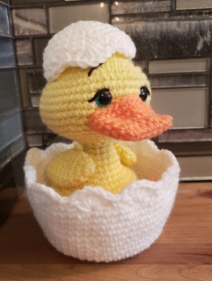 Crochet Yellow Duckling 6.5'' Tall W/ Egg Shell Handmade Amigurumi Cute 