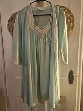 Vtg Lorraine Nightgown and Robe Set Pale Green w/pink Trim Floral Size Ex Small
