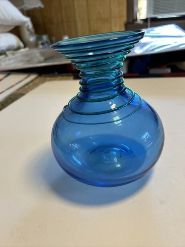 Blenko Blue Vase With Green Ribbon Of Glass Wrapped Around The Upper Portion