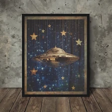 UFO DISCO BALL Wall Art, Retro Sci-fi Star Poster, Alien Celestial Space Decor