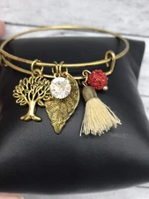 Gold Tone Expandable Charm Bangle Bracelet Dangle Tree, Leaf, Crystal, Bead