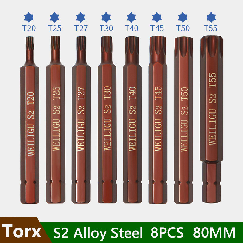 T20-T55 Torx Screwdriver Bit Set Impact Driver Drill 8mm Hex Shank 80mm  Magnetic
