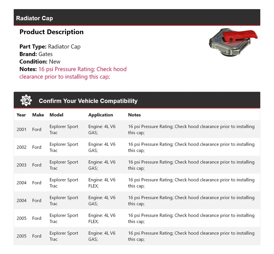 For 2001-2005 Ford Explorer Sport Trac Radiator Cap Gates 2002 2003 2004 - Image 2 of 4