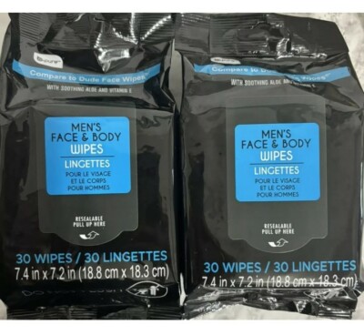 2 PACKS Men's Face & Body Wipes Aloe Vitamin E Removes Dirt & Grime On The Go.