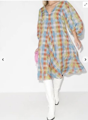 GANNI- Cute Checkered Seersucker 3/4 Length MIDI Dress