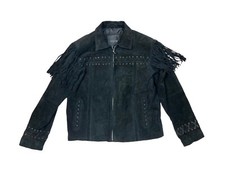 Vintage Excelled Black Suede Leather Fringe Coat Jacket Womens Sz M Zip Western