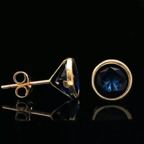 6mm Round Cut Lab Created Sapphire Solitaire Stud Earring 14K Yellow Gold Plated - Picture 7 of 7