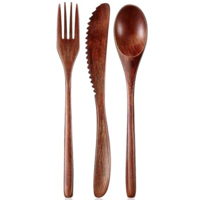 Holzbesteck Set Holz Löffel Gabel 22,5 cm Messer 21,2 cm lang wiederverwendbar