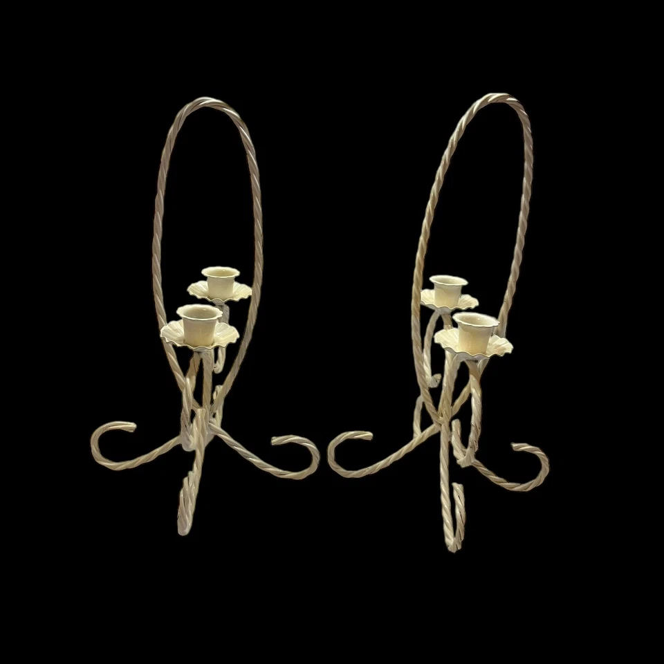 Par de soportes cónicos para candelabros dobles independientes de alambre trenzado blanco roto de colección Foto 4 de 4