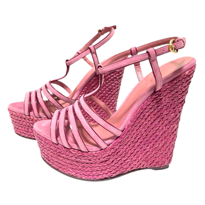 GUCCI Pink Suede Strappy Espadrille Wedge Sandals, 38