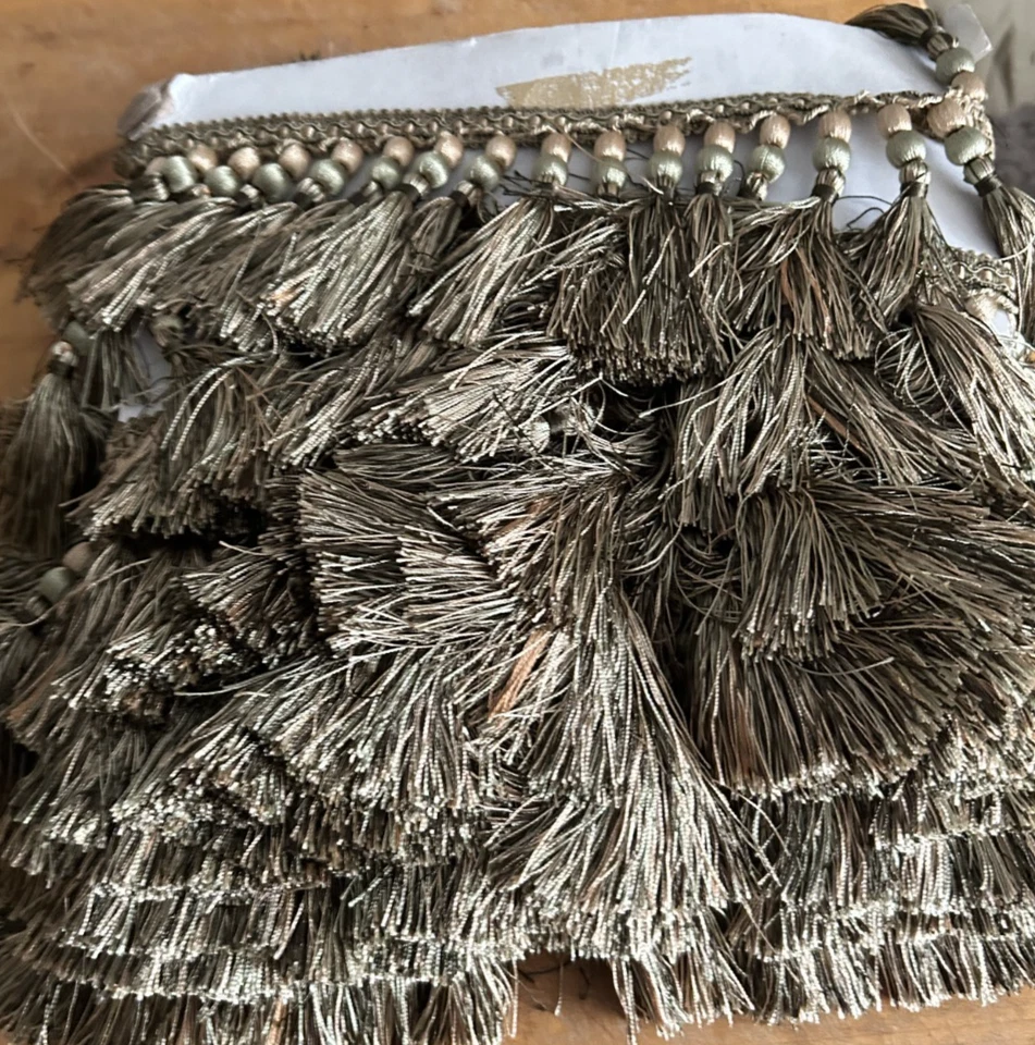 16 ft Beaded TASSEL FRINGE 4.5” Upholstery Drapery Fabric Trim Silver Green Gold - Image 2 of 4