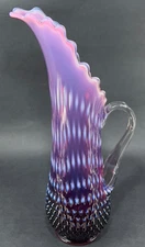 Vtg Fenton Art Glass Hobnail Pitcher Vase Plum Purple Opalescent 15' Bamboo 60s