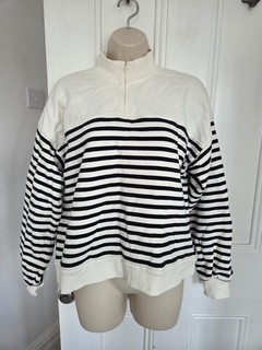 ME EM black cream stripe cotton zip neck boxed sweatshirt. UK 14
