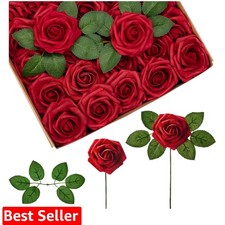 Artificial Flowers, 50 Pcs Dark Red Foam Fake Roses Bulk with Stems for Decor...