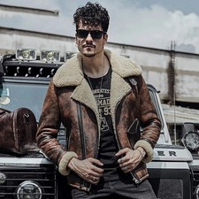 Chaqueta de aviador de cuero genuino para hombre Abrigo de vuelo con cremallera asimétrica forrada de piel marrón