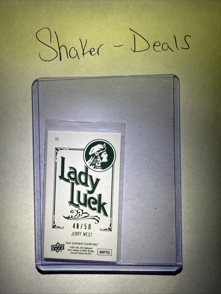 Jerry West: 2015 Upper Deck Goodwin Champions #11 Cloth Minis Lady Luck Back /50 - Image 2 of 2
