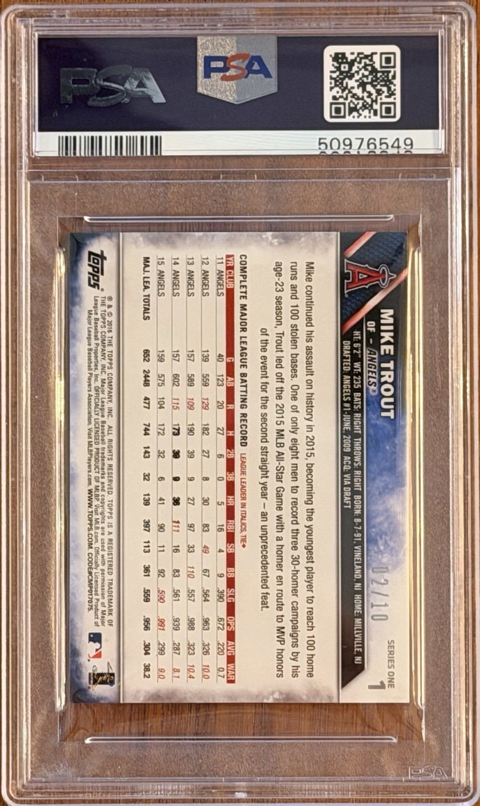 MIKE TROUT 2016 Topps Chrome #1 PSA 10 GEM MT Blue Parallel SN /10 view 2