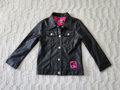 Barbie Girls Faux Leather Moto Jacket Size 5T Black Pink Silhouette Logo Mattel