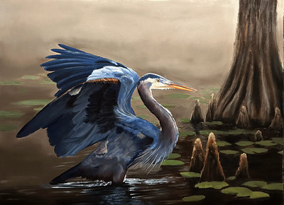 Blue Heron Art Print 8 x 10 Metallic Glossy Cypress Tree Bird Painting