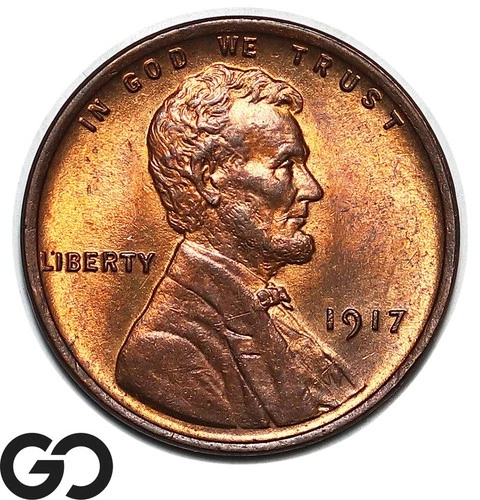 1917 Lincoln Cent Wheat Penny, Lustrous Mostly Red, Solid Gem BU++