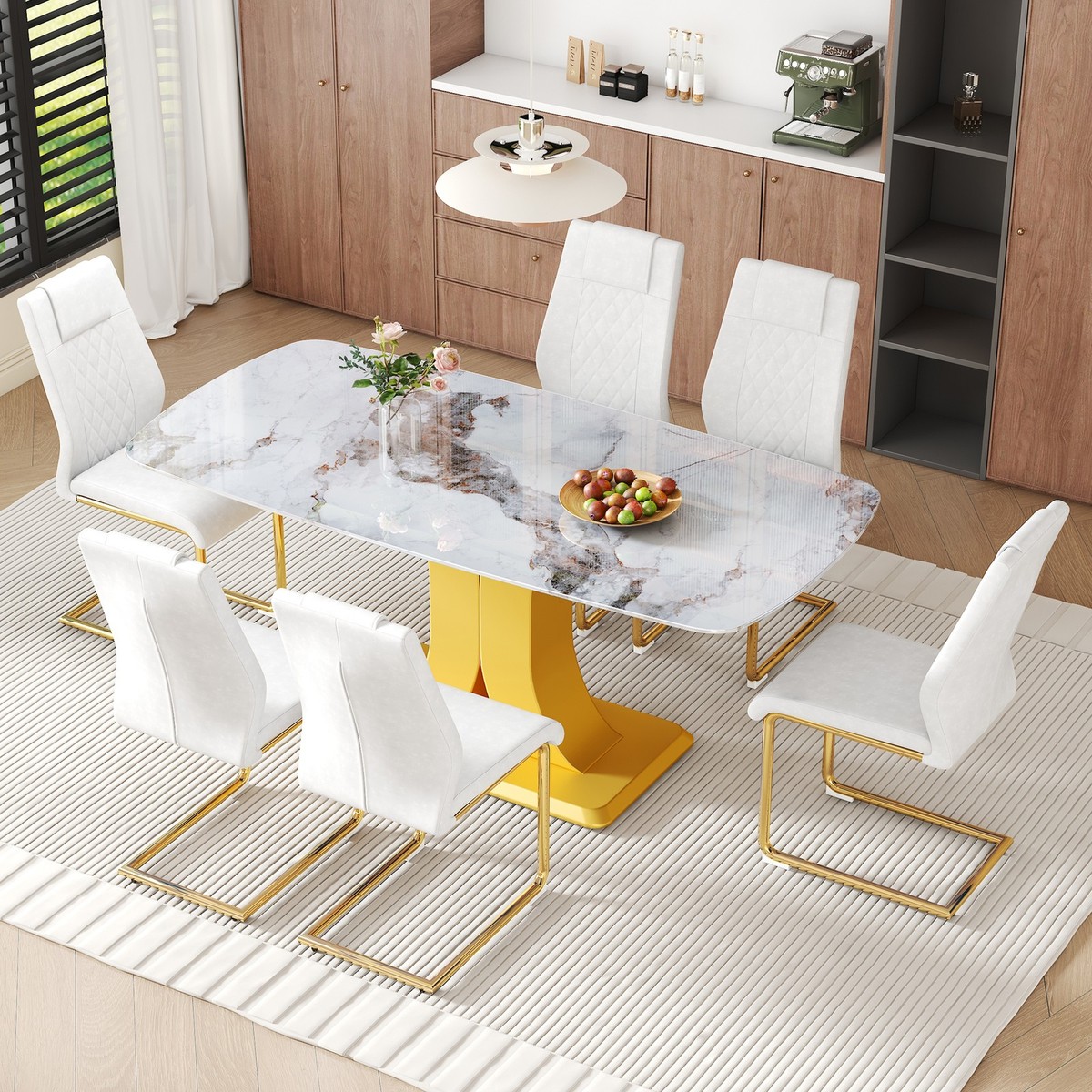 Pieces Dining Set 71 in Glass Faux Marble Kitchen Table and White PU  Chairs