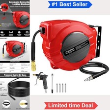 Retractable Air Hose Reel 50 FT 1/4 Inch 300 PSI Auto Rewind Wall Mount Hybrid