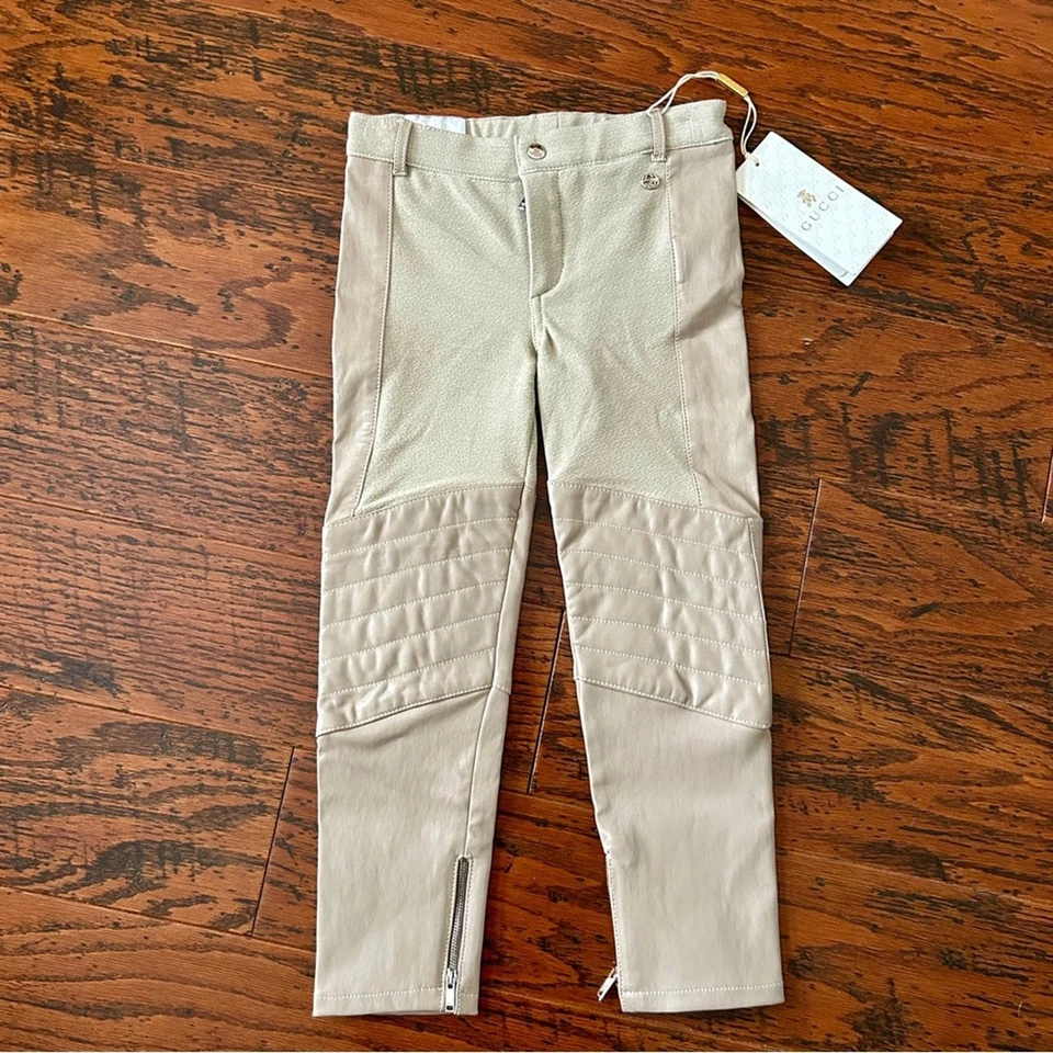 Pantalones de moto Gucci de cuero elástico con cremallera en el tobillo beige niña pequeña 5 años/pequeños nuevos con etiquetas Foto 3 de 4
