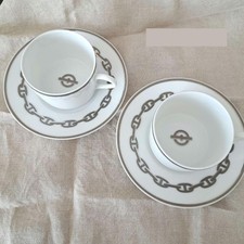 Hermes Paris Tea Cup  Saucer Chaine d'Ancre Platinum Porcelain 2 Sets No Box U.