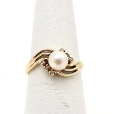 10K Yellow Gold Akoya Pearl Natural Round Diamond Wave Bypass Ring sz6.5