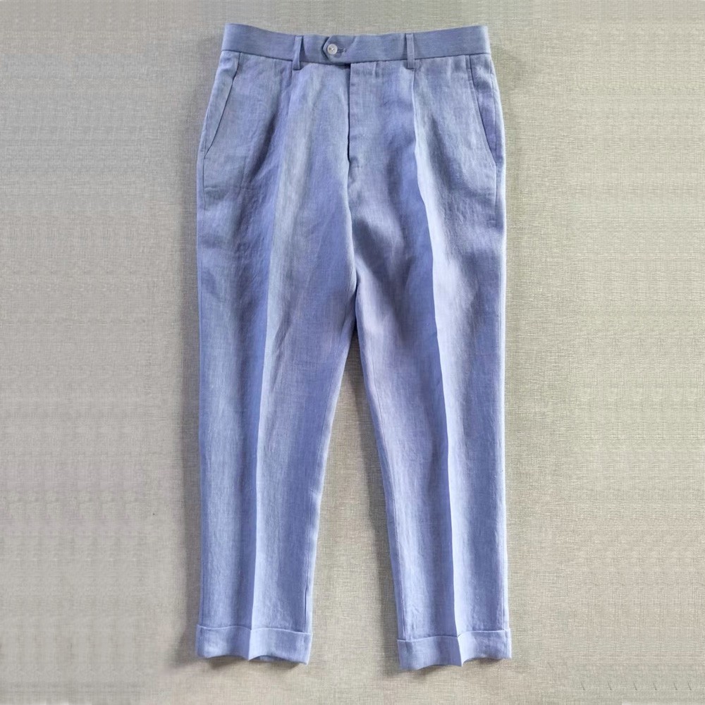 Men's Tapered Pants Vintage Casual Suit Pants Linen/Cotton Trousers Blue
