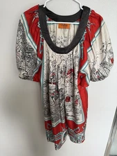 Voom by Joy Han Red and Cream Dress With Pops Of Blue Novelty Print Silk Size L