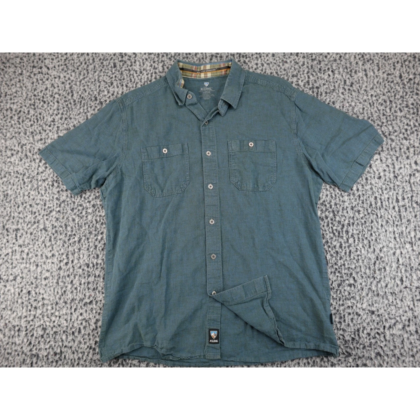 Kuhl Linen Cotton Short Sleeve Button Down Shirt Mens Large Blue Outdoor Hiking