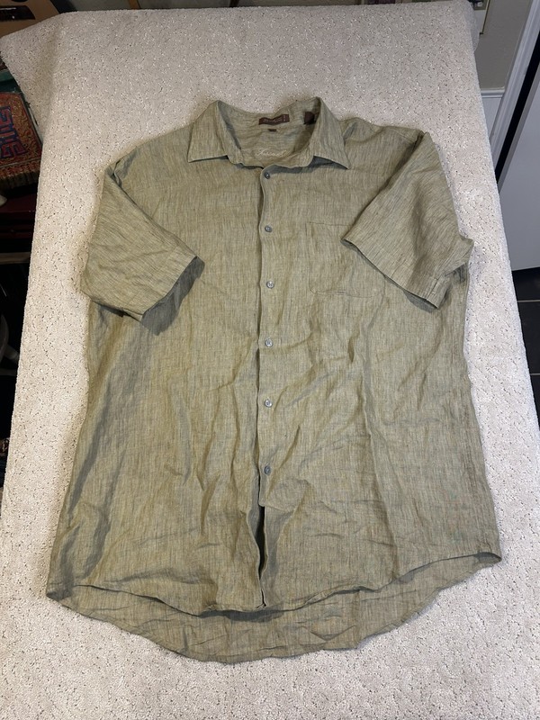Tasso Elba 100% Linen Green/Brown Shirt Men's Button Up Short Sleeve Size L