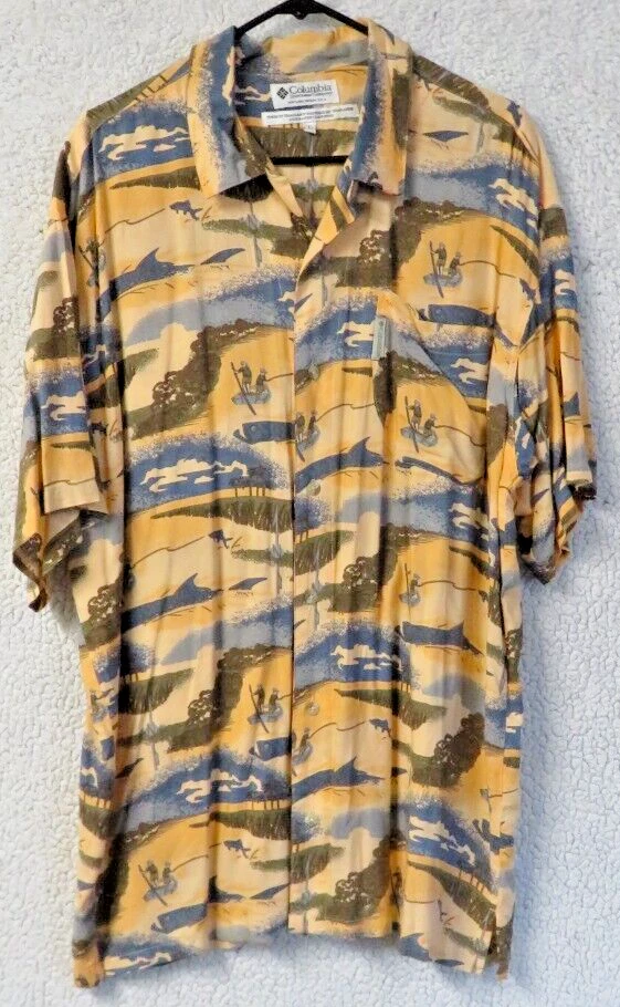 Mens Columbia Short Sleeve Button Front Shirt Orange Blue Rayon Fishing Shirt L