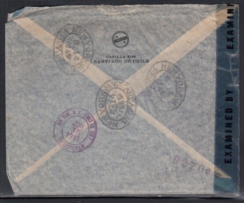 CHILE Registered Cover Santiago to New York City 14-06-1945 Cancel - Picture 2 of 2
