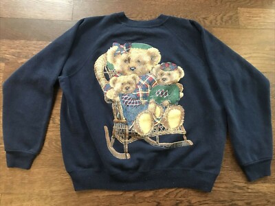Vintage Cute Teddy Bears Sweatshirt Raglan Large Grandma Kawaii Polo Plaid 