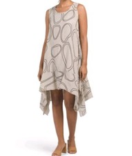 Cristina Vergani Dress Women's Small Linen Beige Black Lagenlook Bohemian Art