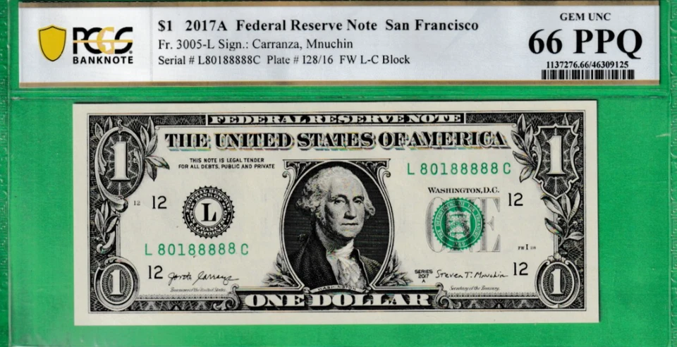 $1  Federal Reserve note LUCKY 8's  Serial Numbers  ** 80188888 ** PCGS 66 - Image 2 of 3