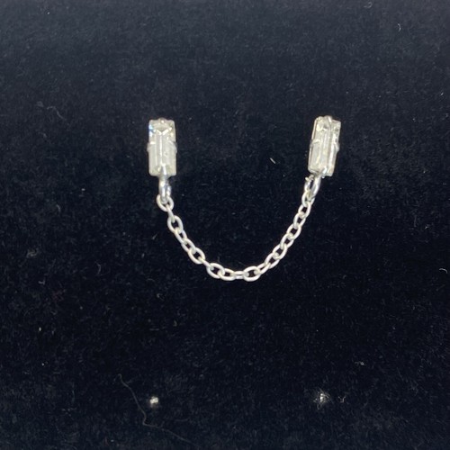 Sterling Silver White Crystal Baguette Double Stud Earring w/ Chain Womens Teens - 第 3/5 張圖片