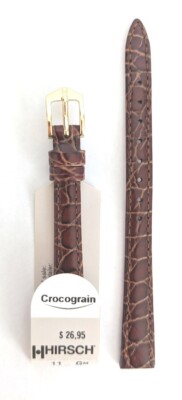 11mm Hirsch CROCOGRAIN Crocodile Embossed BROWN Stitched Leather Watch Strap