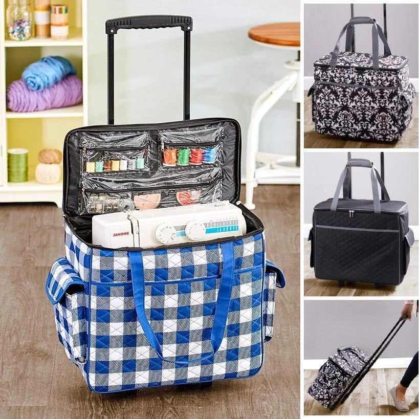 Collapsible Rolling Sewing Machine Case, Black Polka Dot