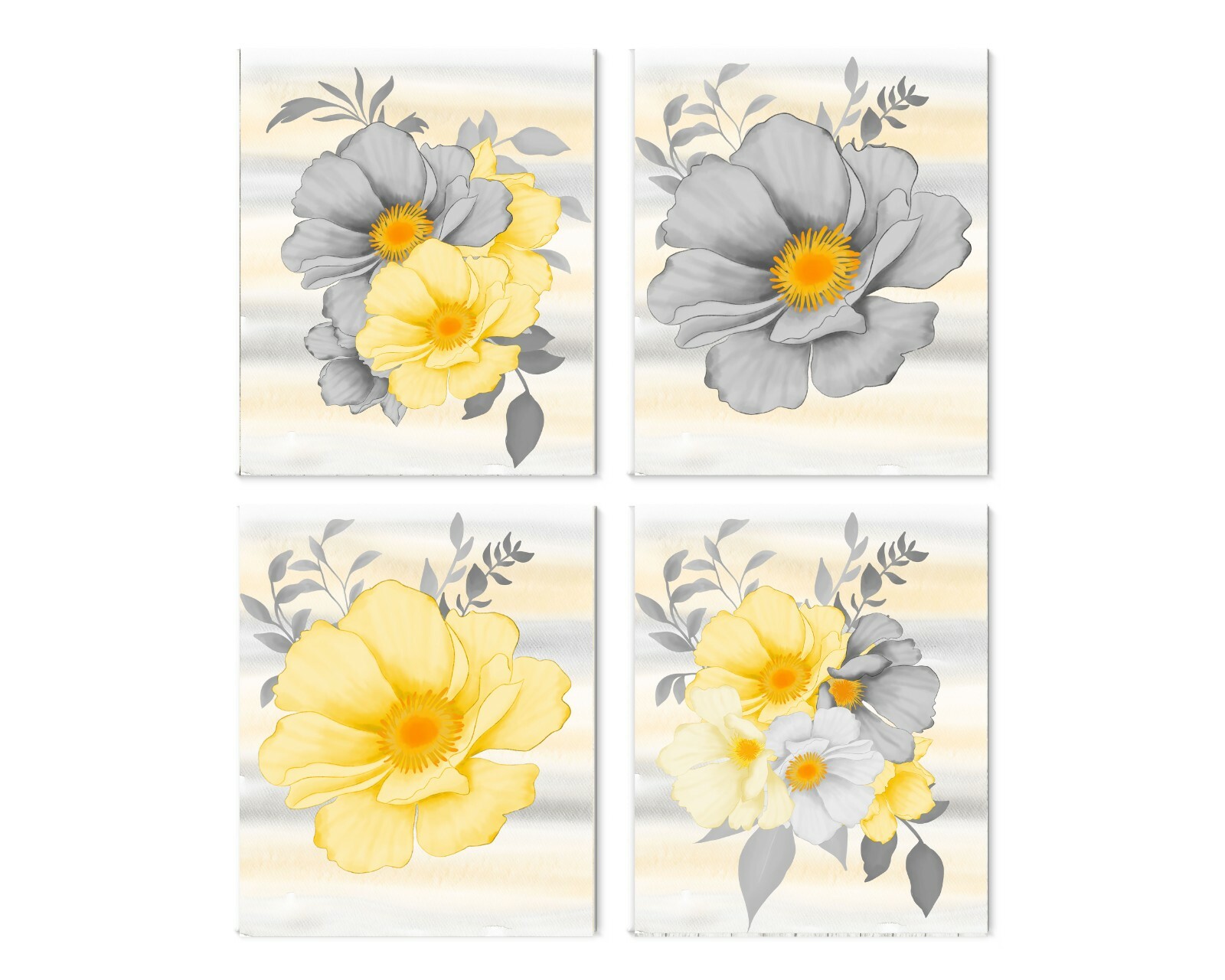 Gray Yellow Floral Canvas Wall Art Set