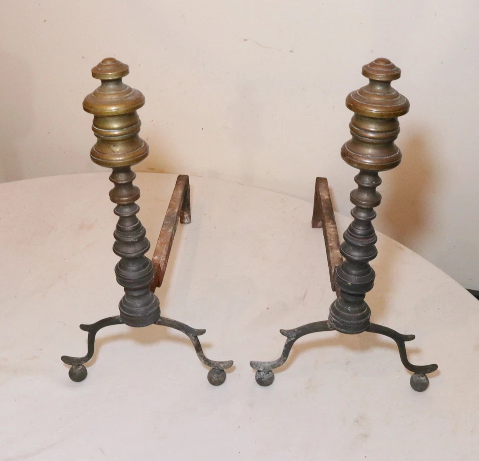 pair 18th century turned peened brass wrought iron Georgian andirons 1700's  - Image 3 of 4