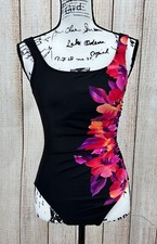 Miraclesuit Floral One-Piece Swimsuit Size 8 Black Pink Print Tummy Control