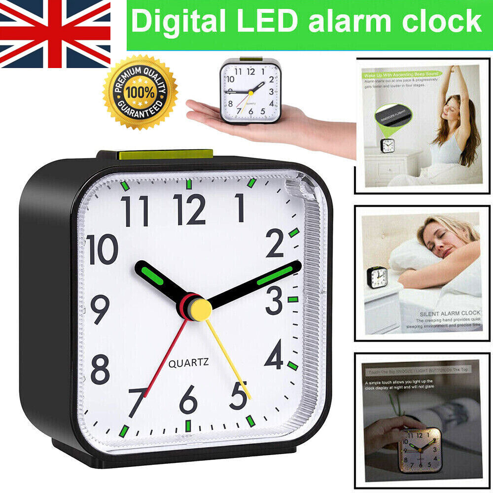 Quartz Alarm Clock With Night Light No Tick Snooze Silent Small Bedside
