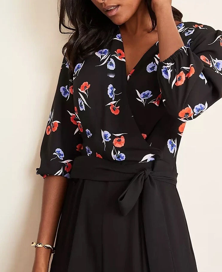 NUEVO $179 Mono Ann Taylor Mujer Plus 16 Floral Amapola Manga 3/4 Cuello en V Foto 4 de 4